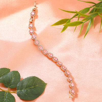 Estele Rose Gold Plated CZ Classic Drop Designer Bracelet with Mint Pink Stones for Women