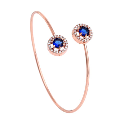 Estele Rosegold Plated Trendy and Comfortable Lightweight Cuff Kada Bracelet with Classic Blue Stones for Girls & Women