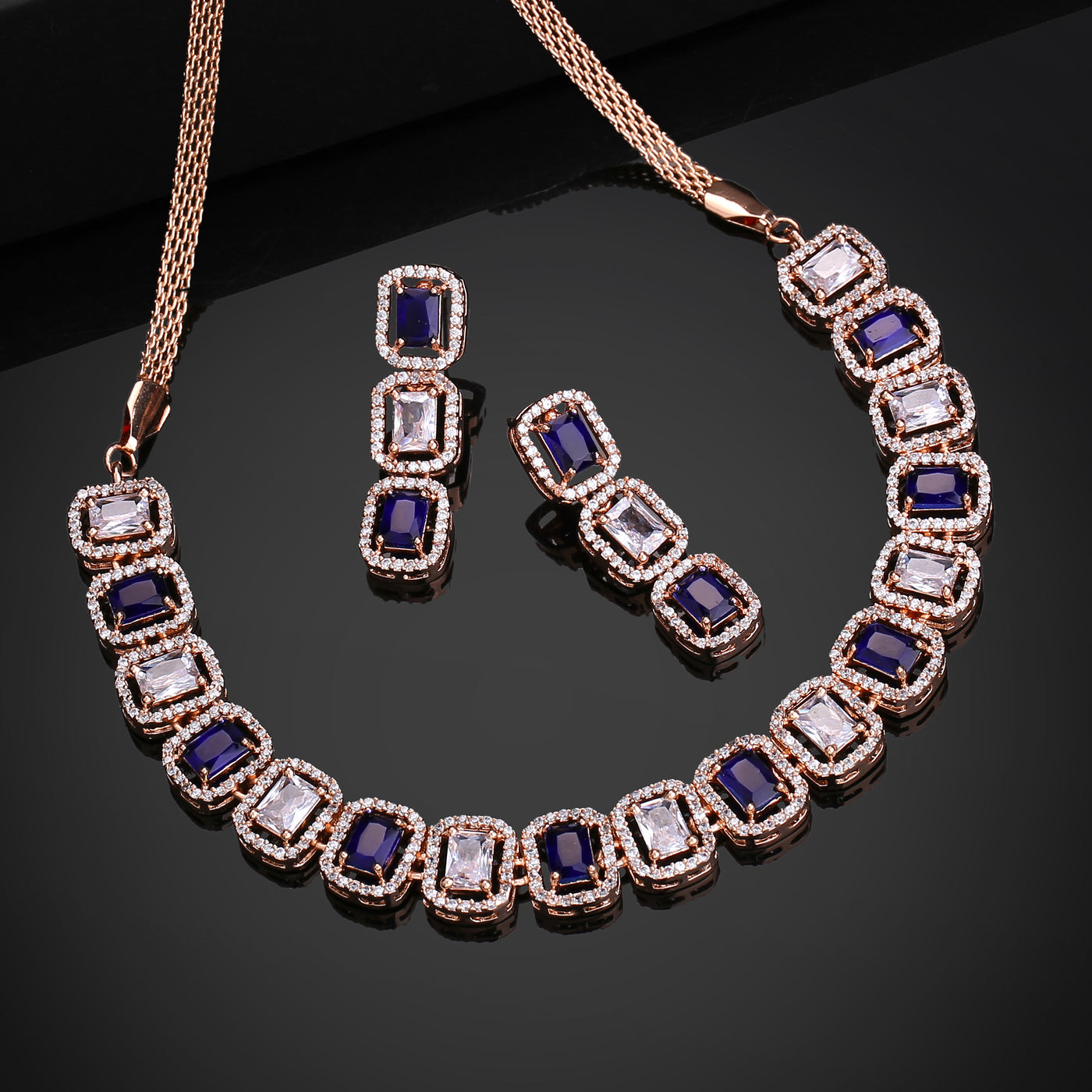 Estele Rose Gold Plated CZ Elegant Neklace Set with Blue Stones for Women