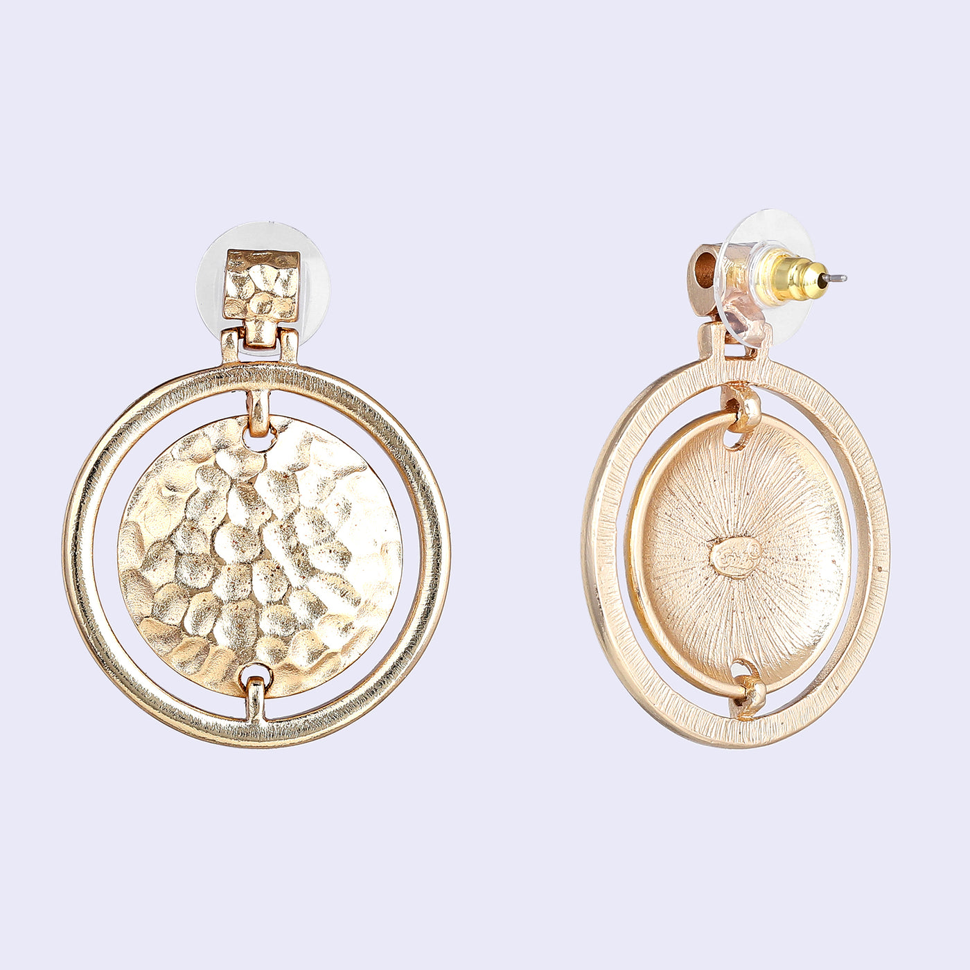 Estele Gold Tone Dual Circular Pattern Beaten Gold Drop Earrings for Women