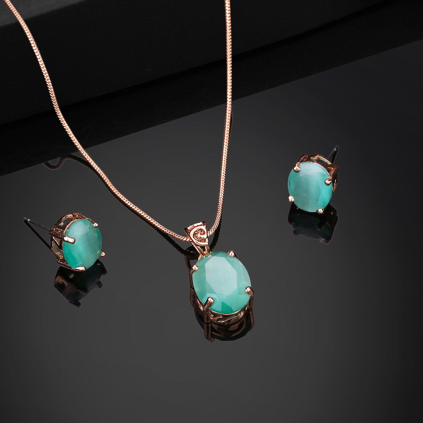 Estele Rose Gold Plated CZ Elegant Designer Pendant Set with Mint Green Stones for Women