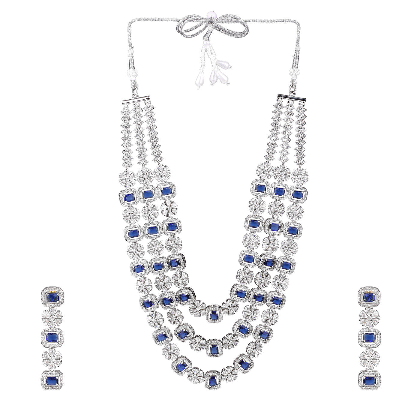 Estele Rhodium Plated CZ Astonishing Three Layered Necklace Set with Blue and White Crystals for Women