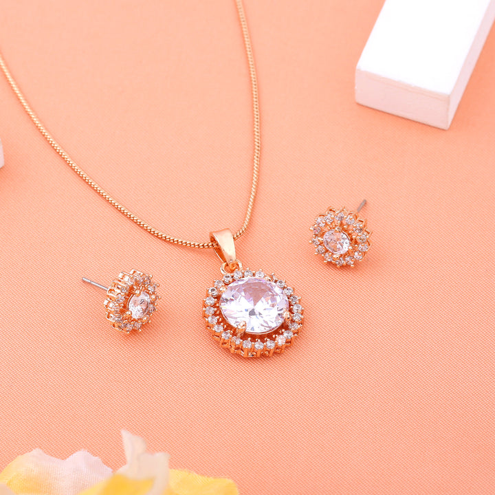 Estele Rose Gold Plated CZ Flower Designer Pendant Set with White Stones for Women