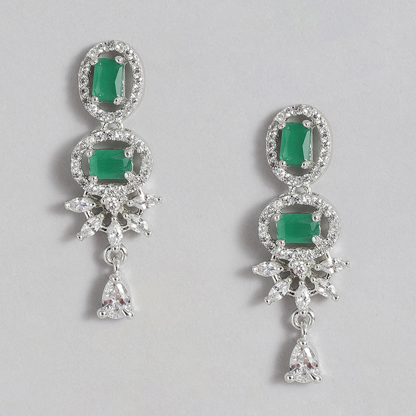 Estele Rhodium Plated CZ Adorable Earrings With Green Stones For Women