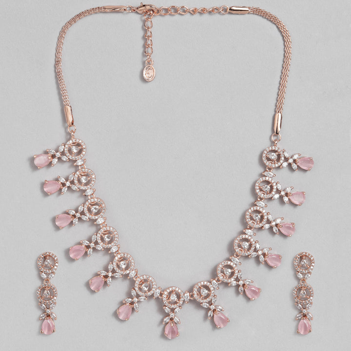 Estele Rose Gold Plated CZ Circular Designer Necklace Set with Mint Pink Crystals for Women