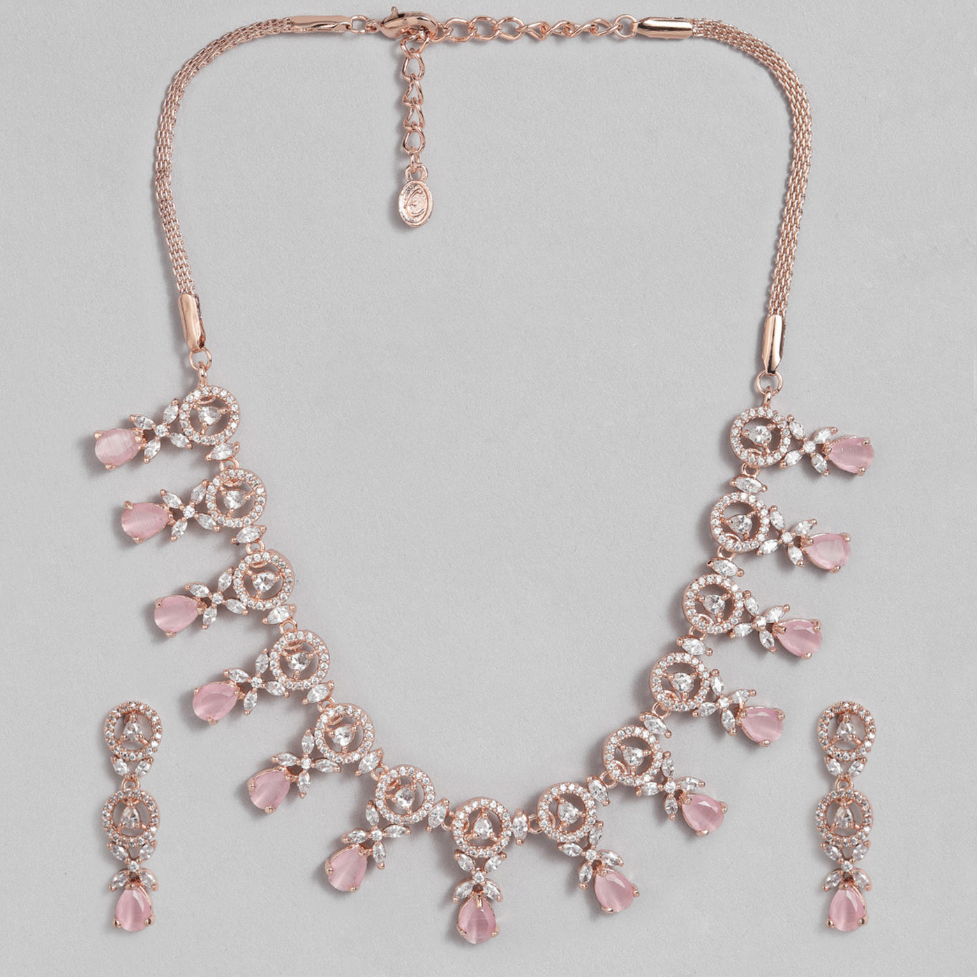 Estele Rose Gold Plated CZ Circular Designer Necklace Set with Mint Pink Crystals for Women