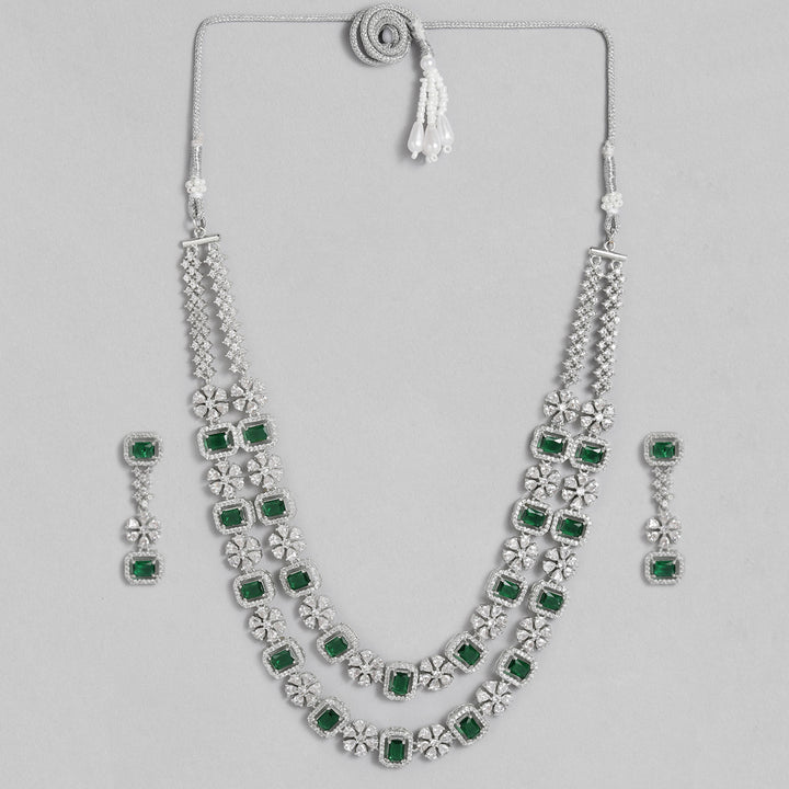 Estele Rhodium Plated CZ Dazzling Double Layered Designer Necklace Set with Green & White Crystals for Women