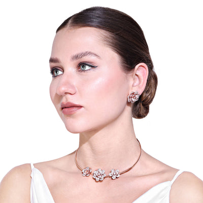 Estele Valentine Special Premium Lightweight American Diamond Floral Rose Necklace Set with Luxurious Rosegold Finish A Dazzling Gift of Eternal Love