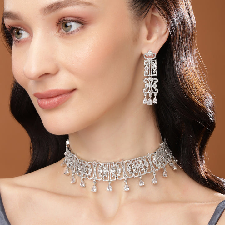 Stunning and Elegant Slim Diamante Rhodium Plated Choker set (one piece)