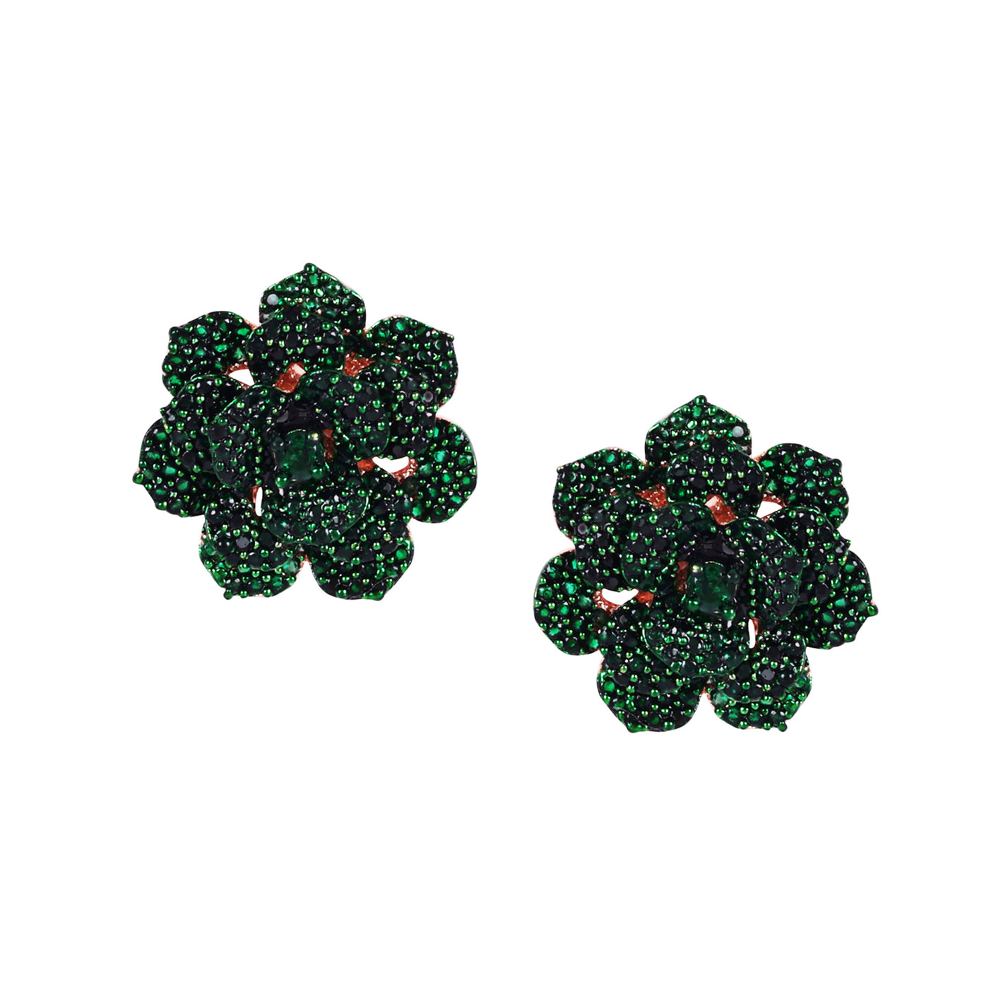 Estele Valentine ROSE Special Exquisite Green American Diamond Floral Rose Stud Earrings with Premium Rosegold Finish A Timeless Expression of Love