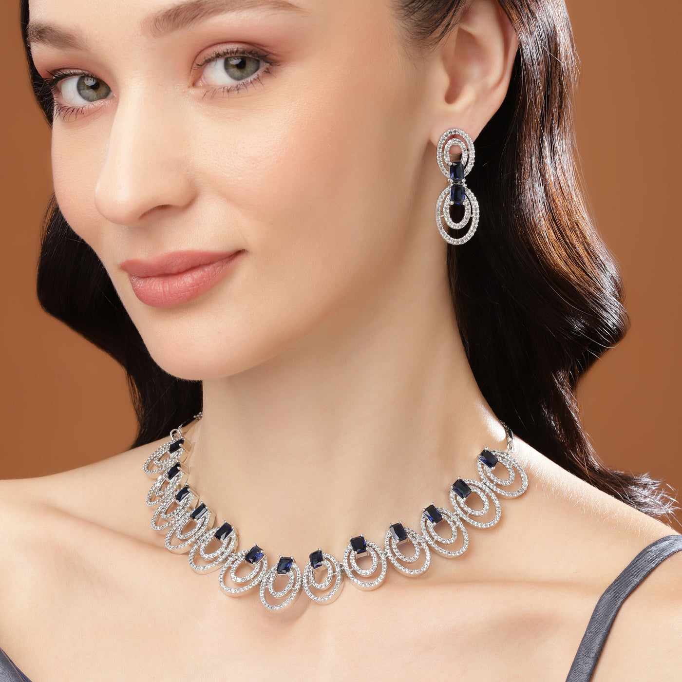 Estele Rhodium Plated CZ Attractive Necklace Set with Blue Stones for Women