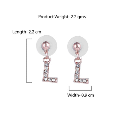 Estele Rose Gold Plated Magnificent Medium 'L' Letter Earrings with Crystals for Women