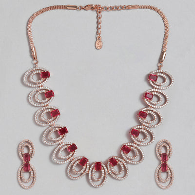 Estele Rose Gold Plated CZ Circular Designer Necklace Set with Tourmaline Pink Stones for Women