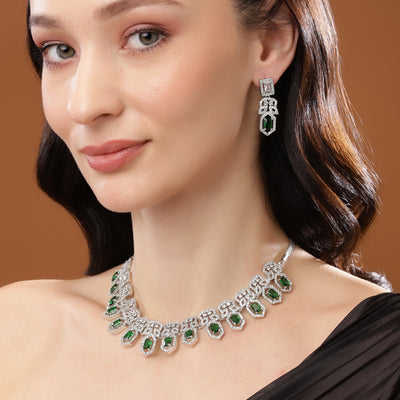 Estele Rhodium Plated CZ Shimmering Necklace Set with Green Crystals for Women