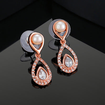 Estele Rose Gold Plated Scintillating Drop Earrings with Crystals & Pearl for Women