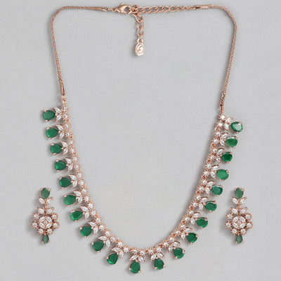 Estele Rose Gold Plated CZ Glamorous Necklace Set with Green Stones for Women