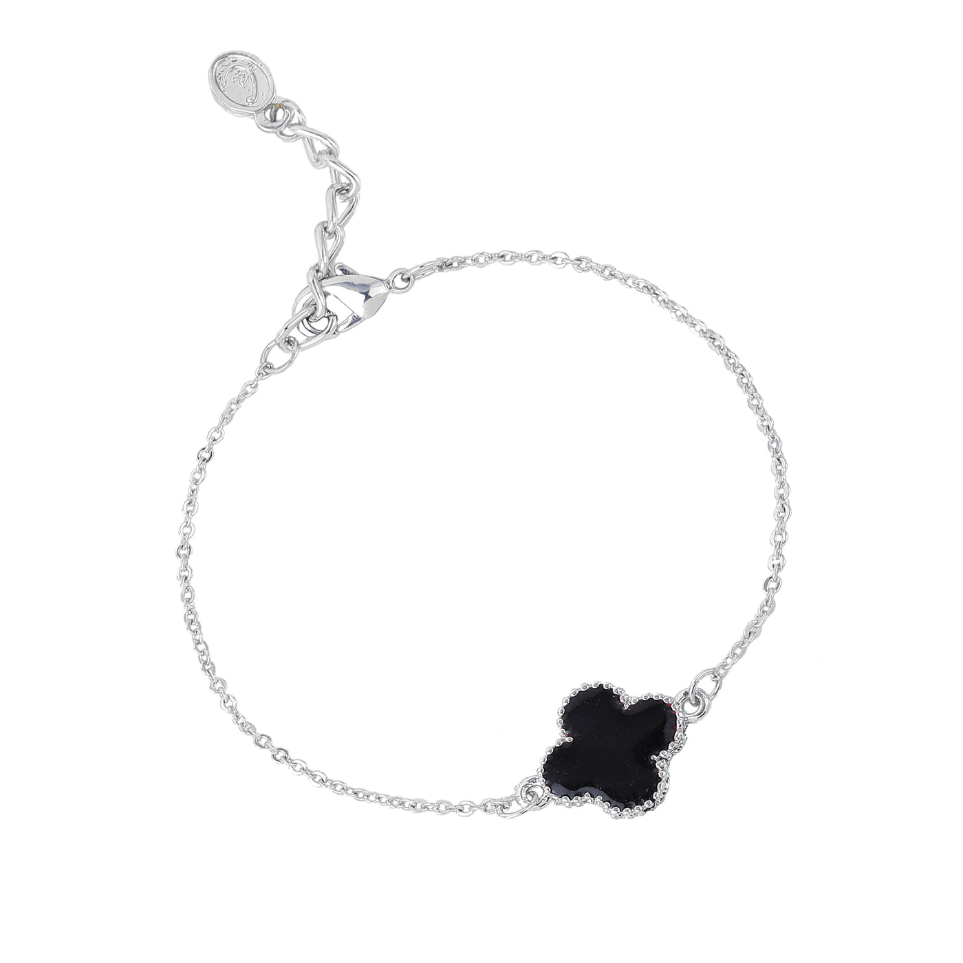 Estele Rhodium Plated Latest Trendy Single Black Clover Leaf Designer Adjustable Bracelet for Girls and Women