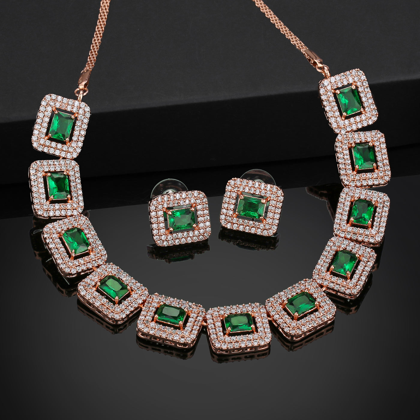 Estele Rose Gold Plated CZ Sparkling Necklace Set with Green Crystals for Women