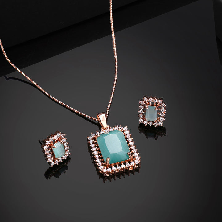 Estele Rose Gold Plated CZ Square Designer Pendant set with Mint Green Stones for Women