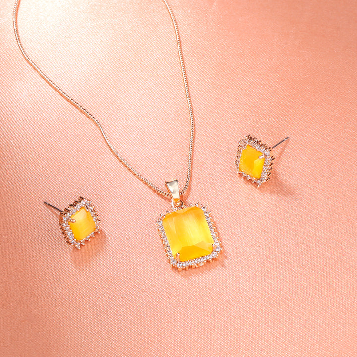 Estele Rose Gold Plated CZ Square Designer Pendant Set with Yellow Stones for Women