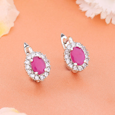 Estele Rhodium Plated CZ Fascinating Flower Shaped Stud Earrings with Ruby Stones for Women