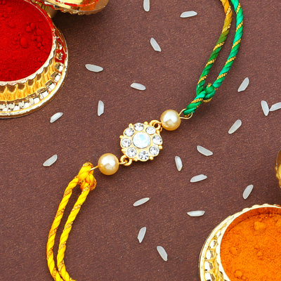 Estele Gold Plated Floral Designer Bhaiya Bhabhi Rakhi Set with White Austrian Crystals and Pearls with Silk Multi-Color Thread