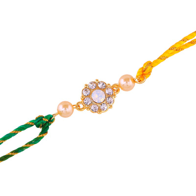 Estele Gold Plated Floral Designer Bhaiya Bhabhi Rakhi Set with White Austrian Crystals and Pearls with Silk Multi-Color Thread