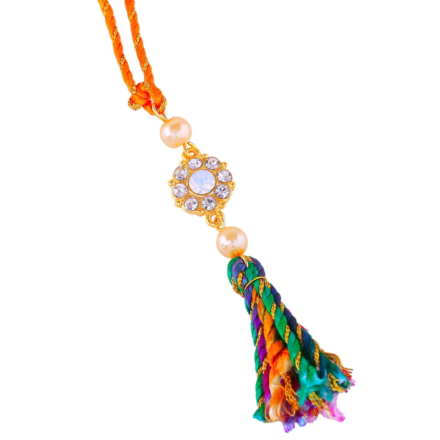 Estele Gold Plated Floral Designer Bhaiya Bhabhi Rakhi Set with White Austrian Crystals and Pearls with Silk Multi-Color Thread
