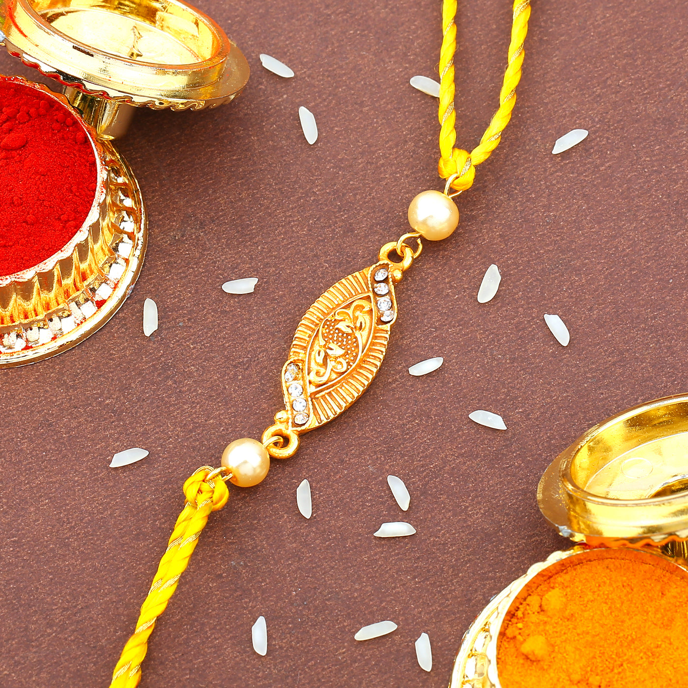 Estele Gold Plated Stylish Designer Rakhi Set for Bhaiya Bhabhi with Austrian Crystals & Pearls with Multi Color Silk Thread