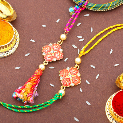 Estele Gold Plated Trendy Floral Designer Rakhi Set for Bhaiya Bhabhi with Red Enamel, Austrian Crystals & Pearls with Multi-Colored Silk Thread