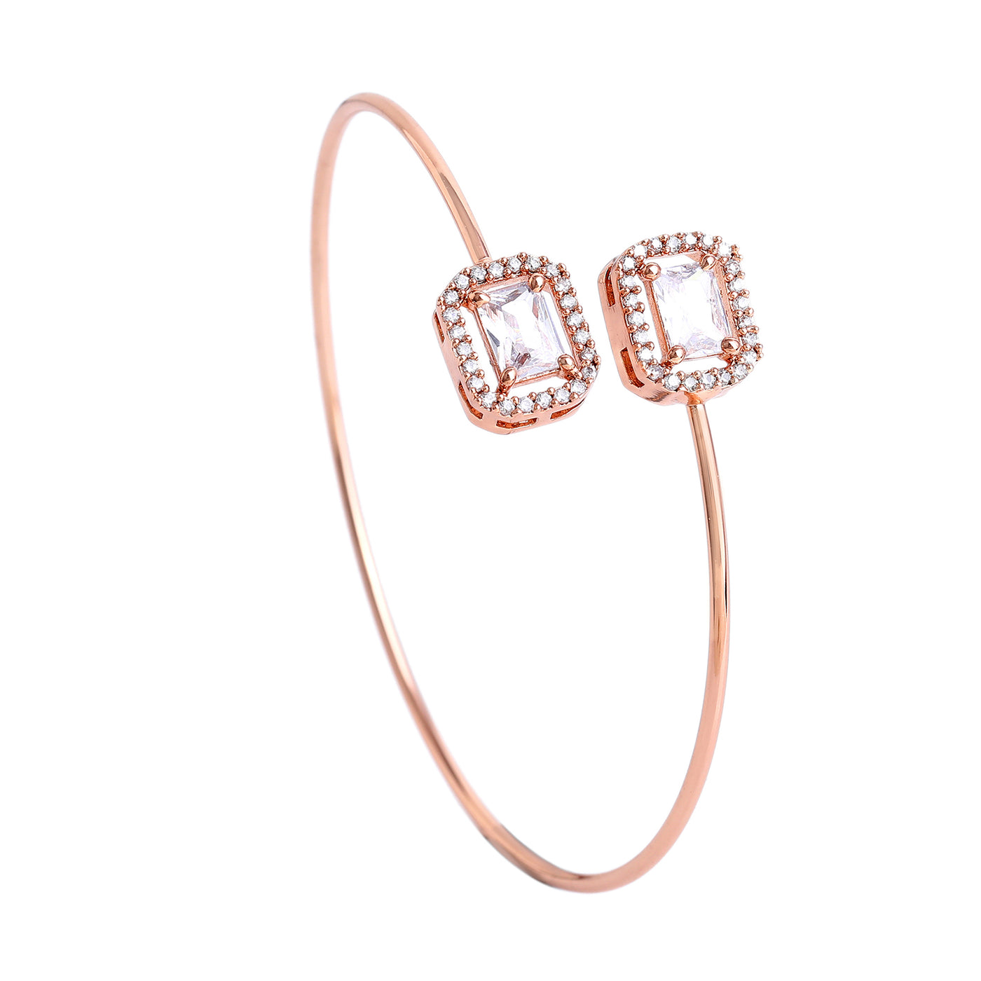 Estele Rosegold Plated Gleaming White American Diamonds Adorned Square Design Lightweight Cuff Kada Bracelet for Women