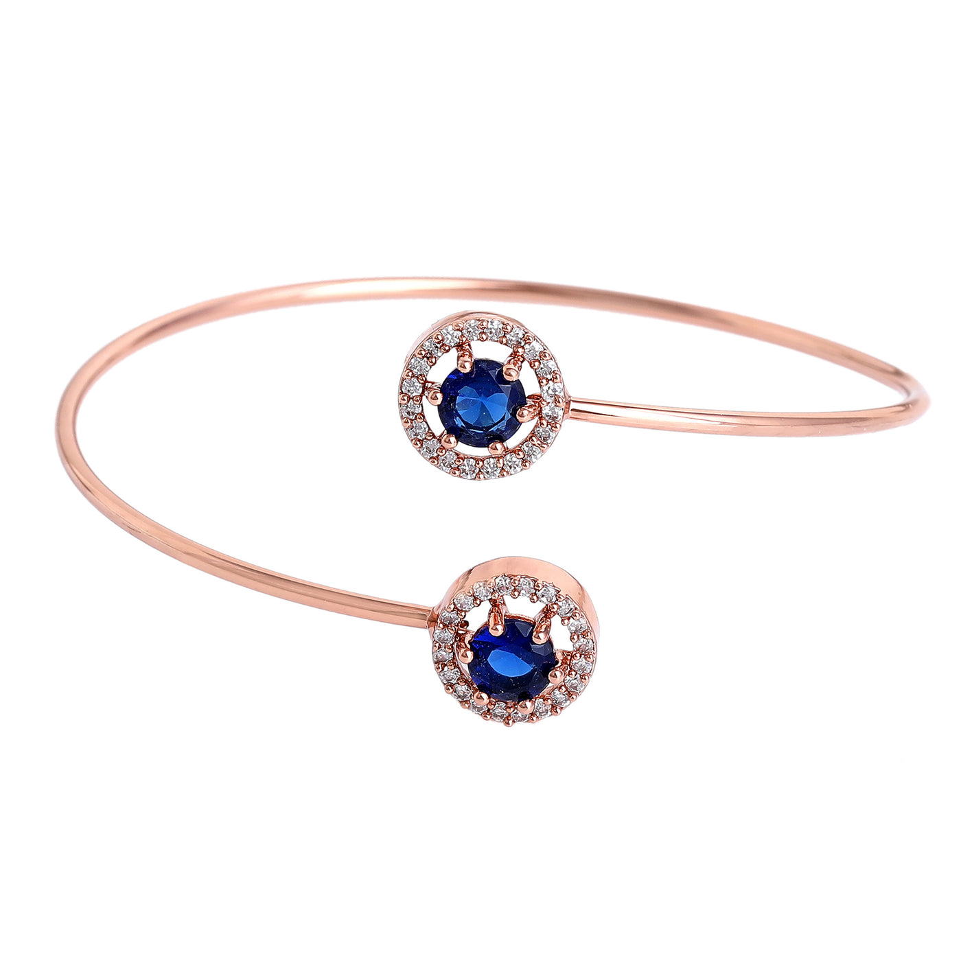 Estele Rosegold Plated Trendy and Comfortable Lightweight Cuff Kada Bracelet with Classic Blue Stones for Girls & Women