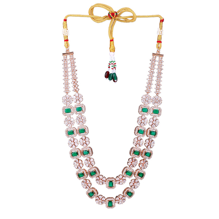 Estele Rose Gold Plated CZ Dazzling Double Layered Designer Necklace Set with Green & White Crystals for Women