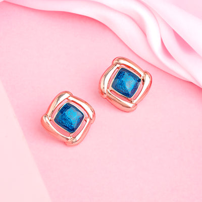 Estele Rose Gold Plated Mosaic Pattern Stud Earrings with Blue Enamel for Women