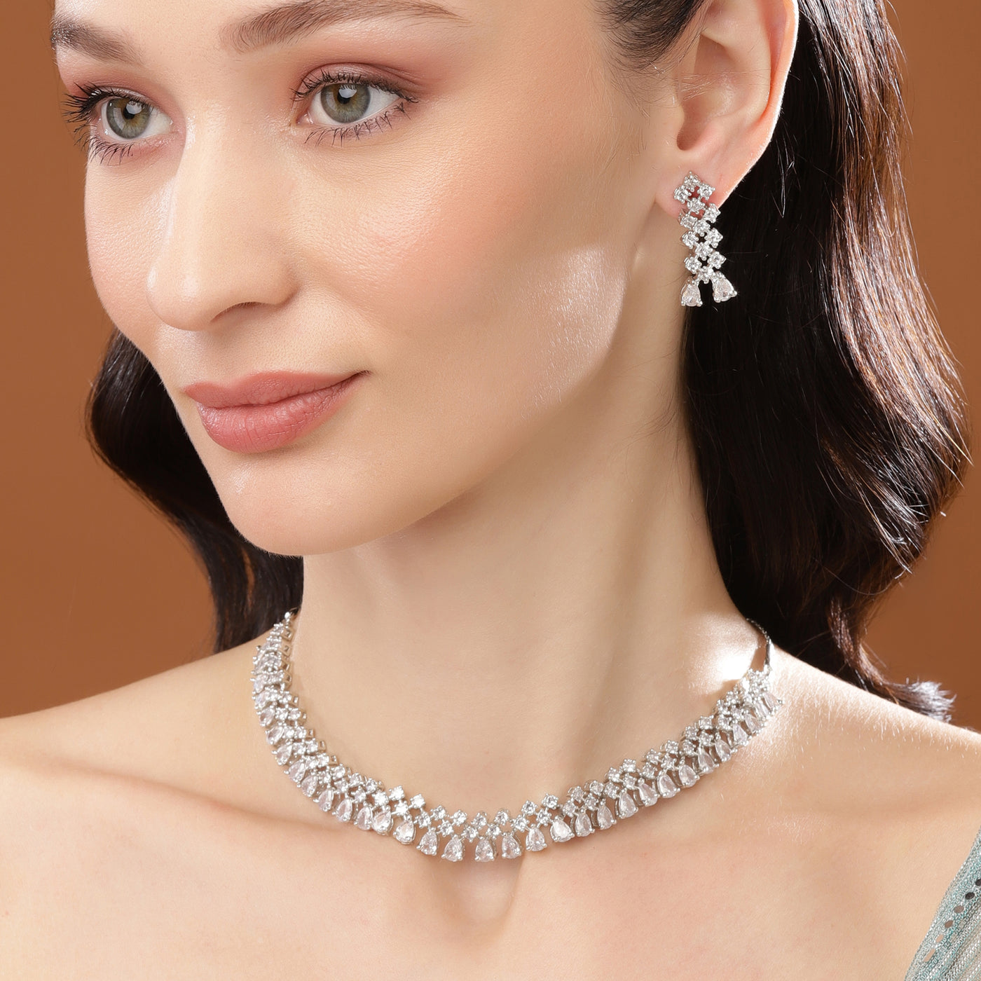 Estele Rhodium Plated CZ Shimmering Necklace Set for Women