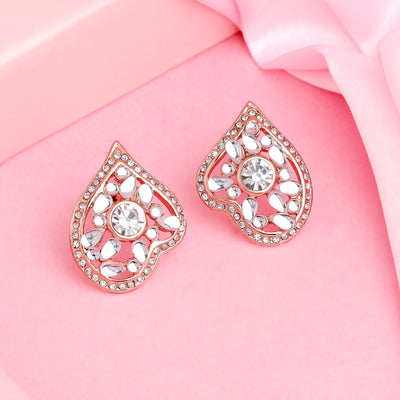 Estele Rose Gold Plated Leaf Shaped Stud Earrings with Kundan for Women