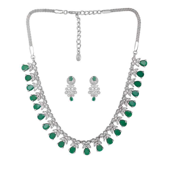 Estele Rhodium Plated CZ Glamorous Necklace Set with Green Stones for Women