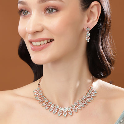 Estele Rose Gold Plated CZ Fascinating Necklace Set with Mint Green Stones for Women