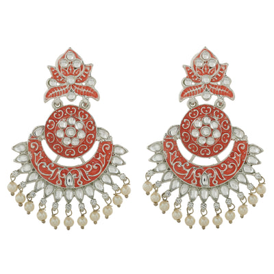 Estele Rhodium Plated Traditional Pink Meenakari Drop Earrings with Pearl for Women