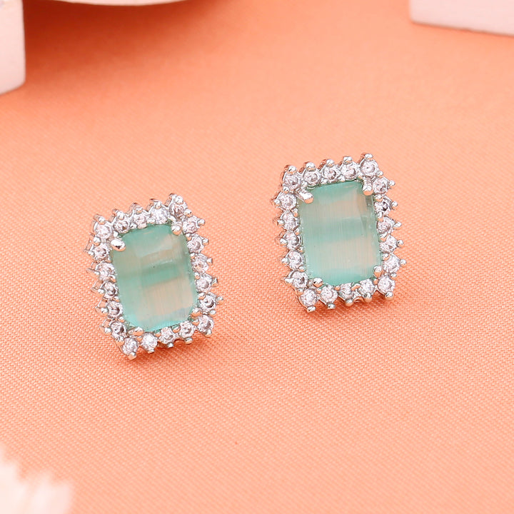 Estele Rhodium Plated CZ Square Designer Stud Earrings with Mint Green Stones for Women