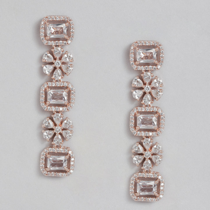 Estele Rose Gold Plated CZ Dazzling Three Layered Dulhan Necklace Set with White Stones for Women