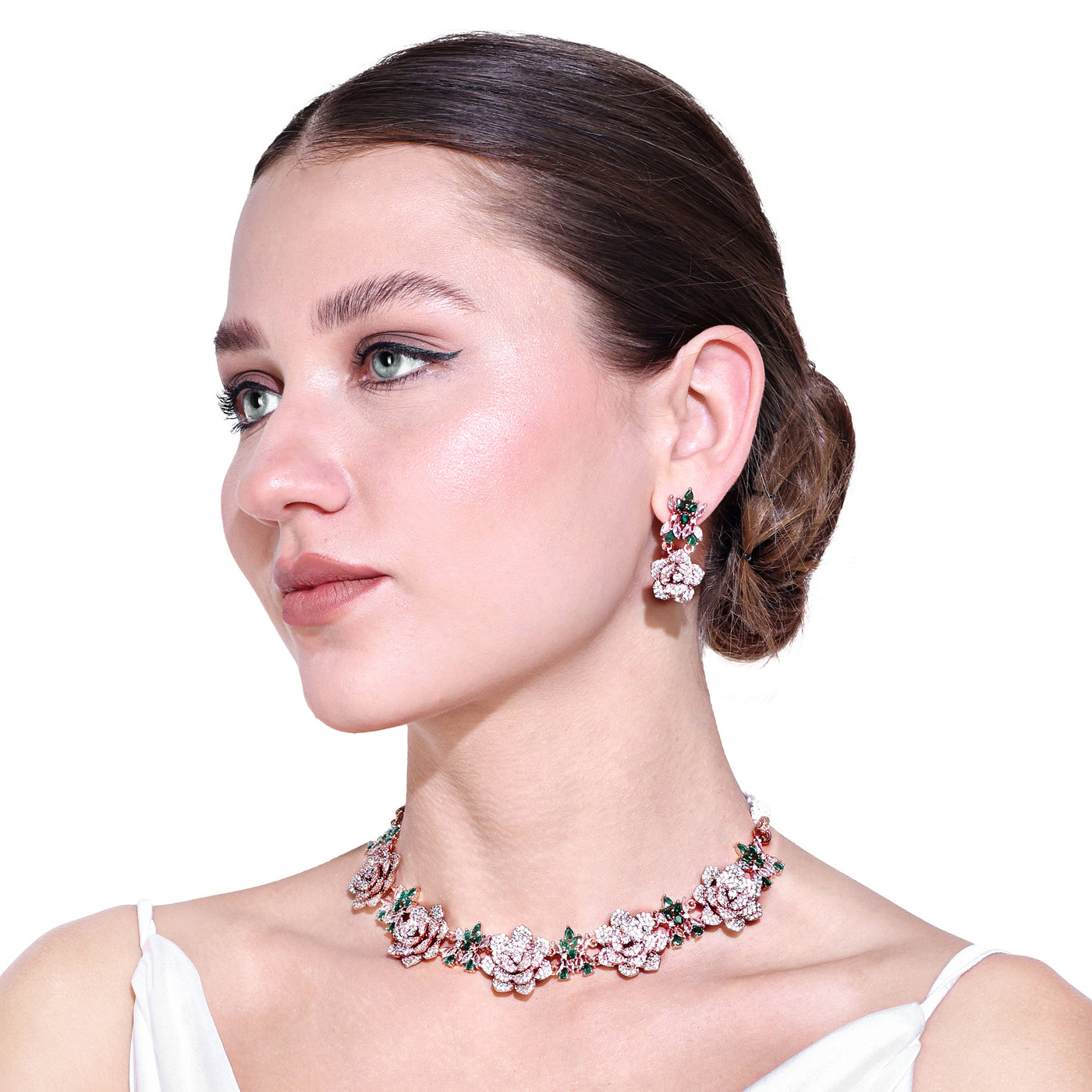 Estele Valentine Special Green & White American Diamond Nature-Inspired Floral Rose Necklace Set with Premium Rosegold Finish A Perfect Gift of Love