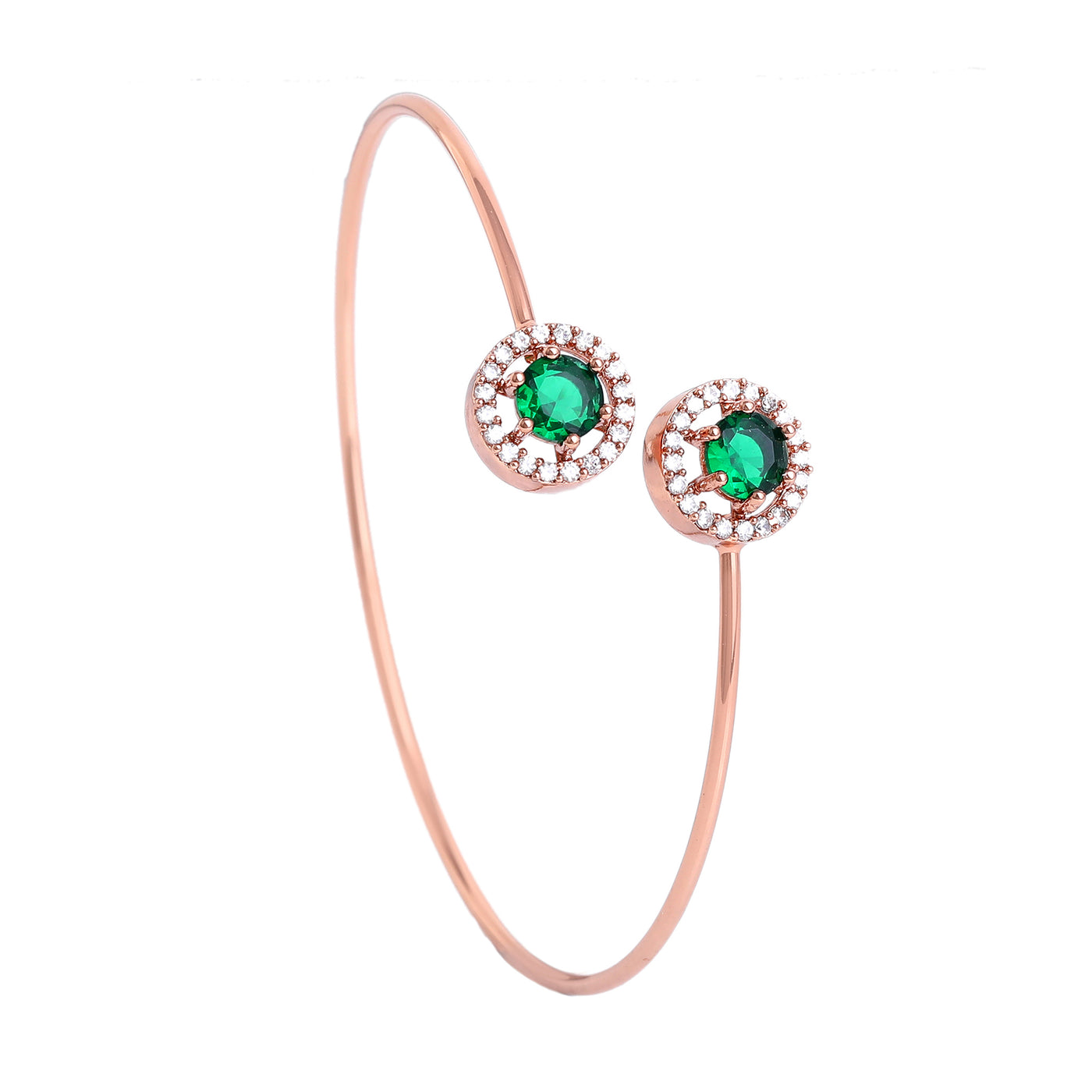 Estele Rosegold Plated Elegant and Lightweight Cuff Kada Bracelet with Stunning Green Stones for Girls & Women