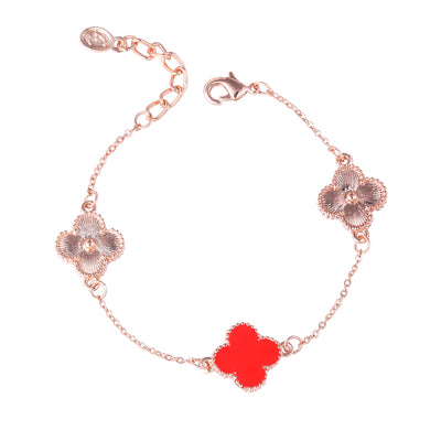 Estele Rosegold Plated Fancy Red Clover Leaf Designer Adjustable Charm Bracelet for Girls and Women