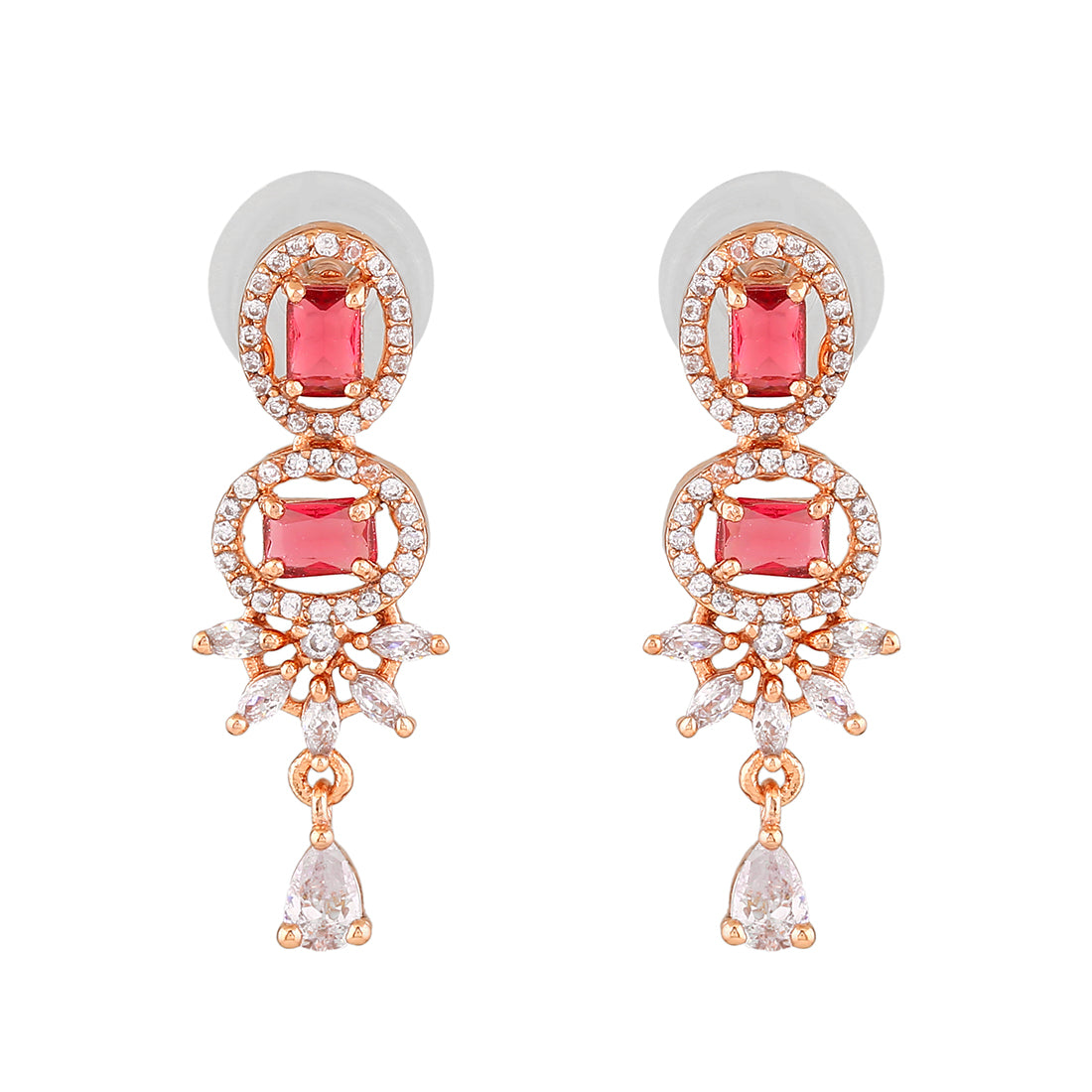 Estele Rose Gold Plated CZ Exquisite Drop Earrings with Tourmaline Pink Stones for Women