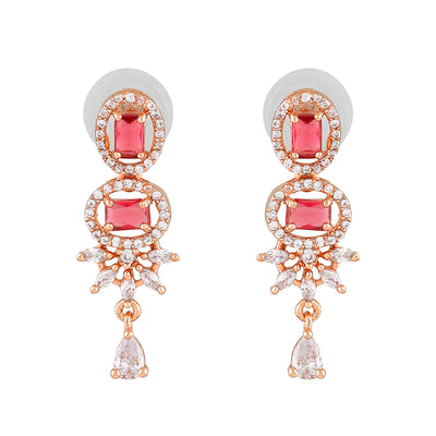 Estele Rose Gold Plated CZ Exquisite Drop Earrings with Tourmaline Pink Stones for Women