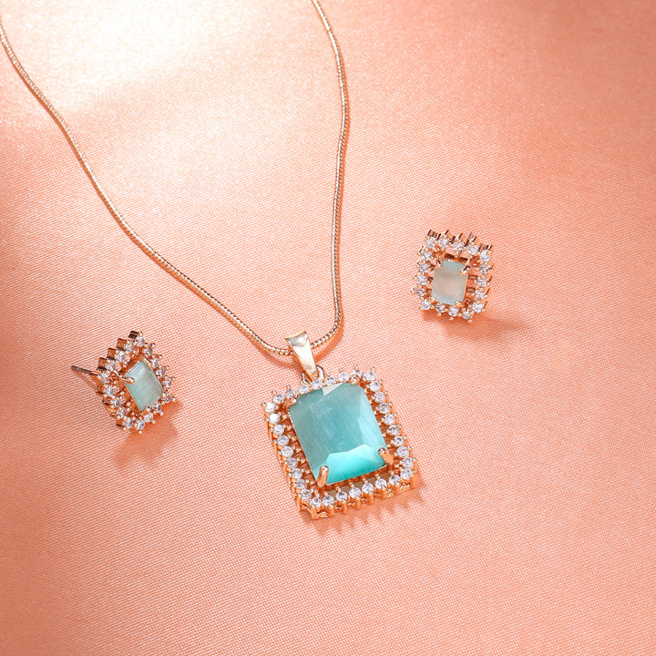 Estele Rose Gold Plated CZ Square Designer Pendant set with Mint Green Stones for Women