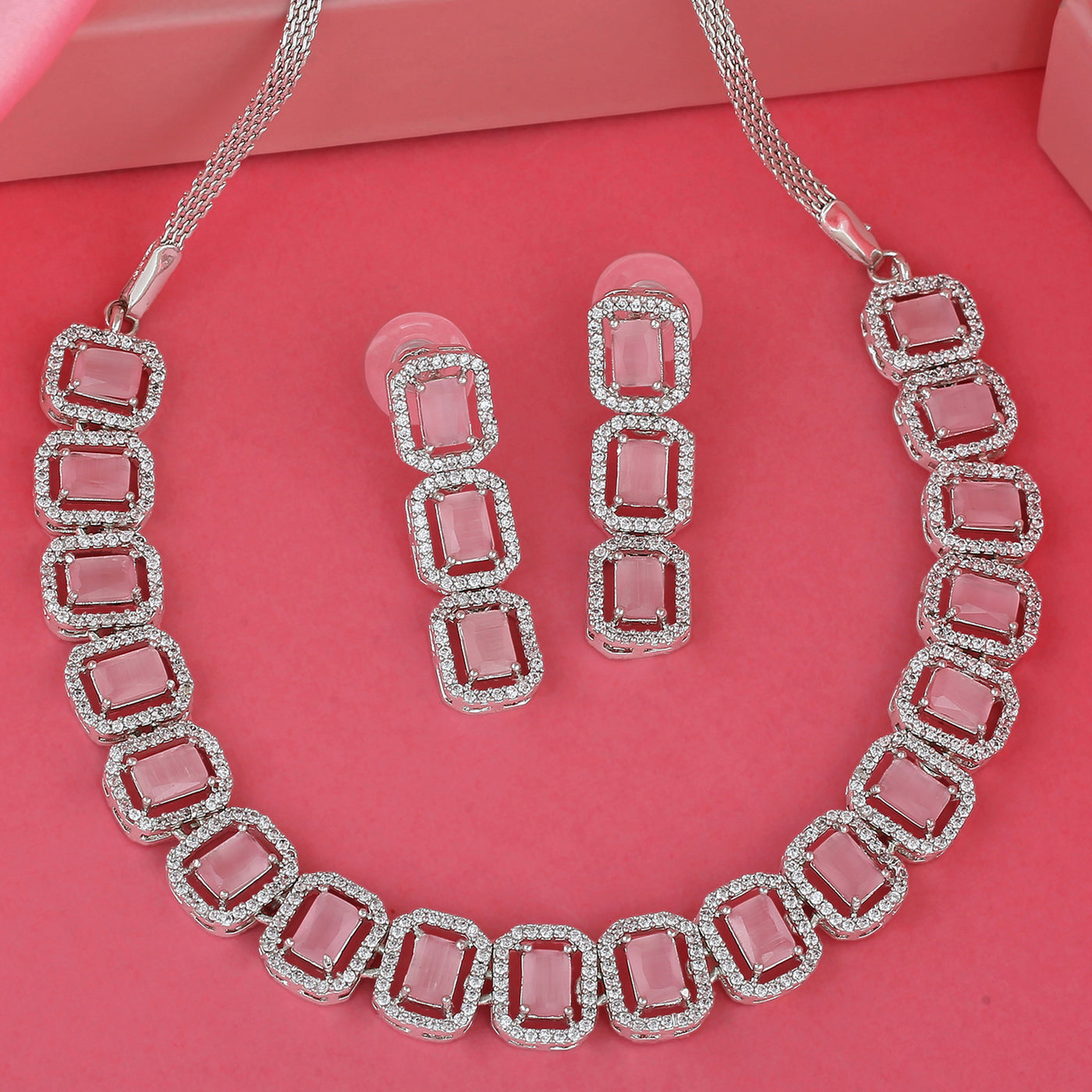 Estele Rhodium Plated CZ Ossum Octagon Necklace Set with Mint Pink Crystals for Women