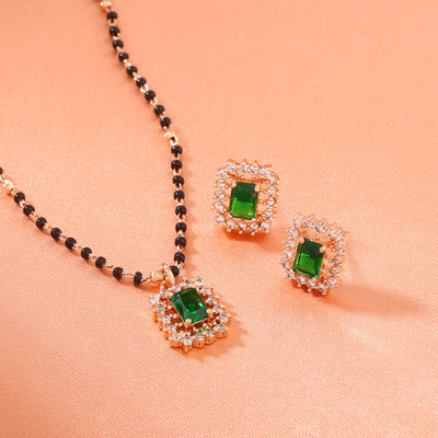 Estele Rose Gold Plated CZ Square Designer Necklace Set with Emerald Stones for Women