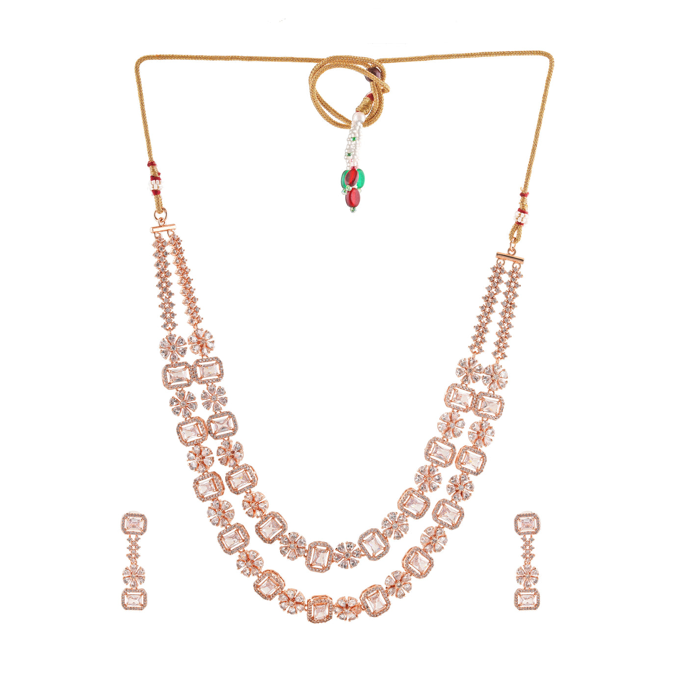 Estele Rose Gold Plated CZ Fascinating Double Layered Necklace Set with White Crystals for Women